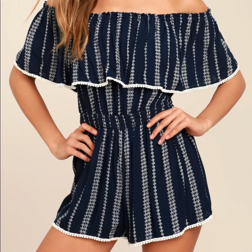 Lulu’s Navy Blue Print Off-the-Shoulder Romper